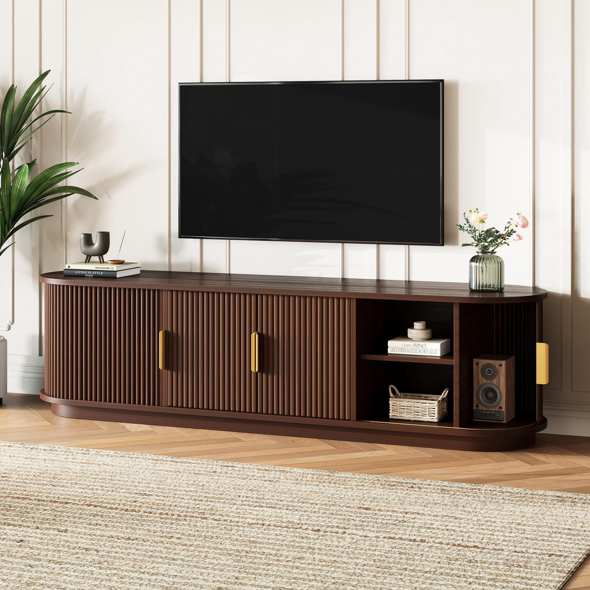 Euroco Farmhouse Wooden TV Stand with Sliding Tambour Door for TVs up to 75", Fluted Media Console with Adjustable Storage, Golden Handle TV Cabinet with Cable holes for Living Room