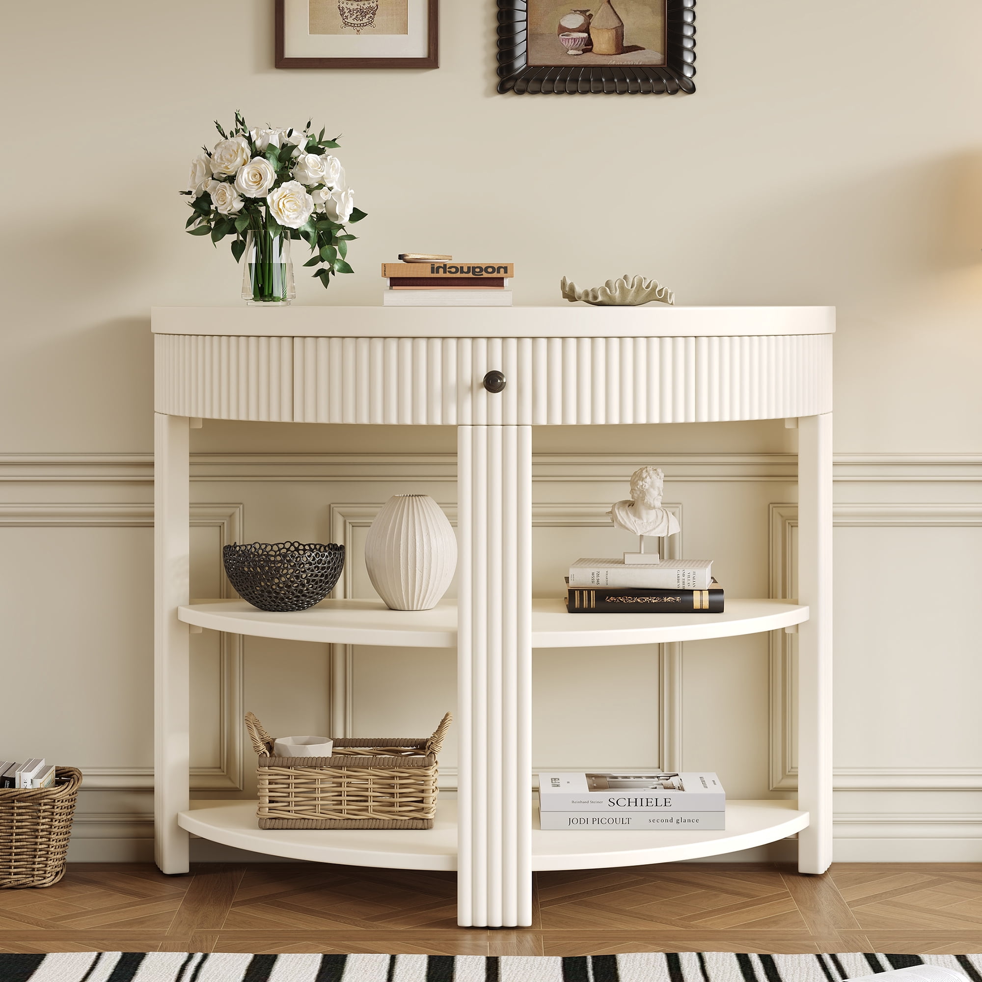 Euroco Fluted Half Moon Console Table with 1-Drawer, 3 Tier Entryway Table with Open Storage Shelves for Living Room, Hallway, Foyer,Cream