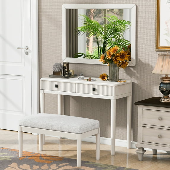 Euroco Fluted Vanity Desk with Mirror & Bench – Multi-Functional Makeup Table, Solid Wood Frame