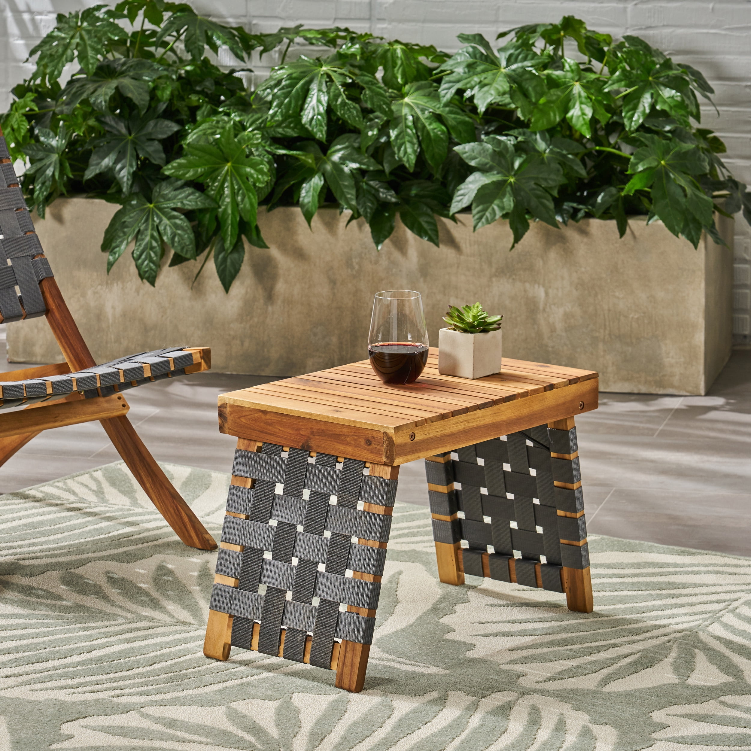 Euroco Foldable Outdoor Acacia Wood Side Table with Woven Nylon Accents, No Assembly Required