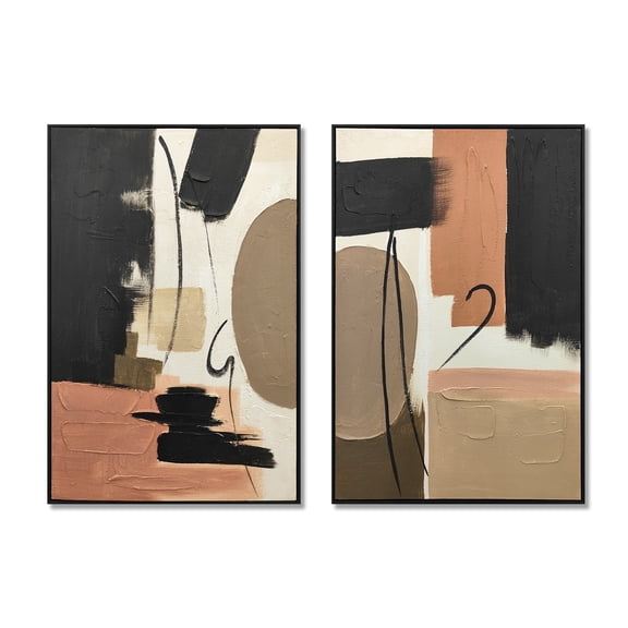 Euroco Framed Abstract Wall Art Set of 2, 25x37 in Modern Grace Textured Canvas Painting,Neutral Black Beige & Terracotta Abstract Artwork for Living Room Bedroom