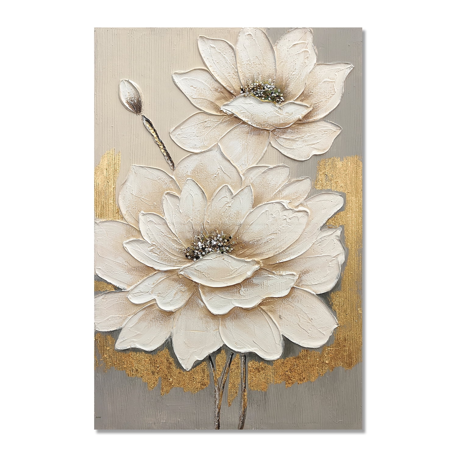 Euroco Framed Wall Art White Lotus Flower Texture Painting,Flower Canvas Wall Art Modern Grace Abstract Flowers Artwork with Neutral Decor for Living Room Bedroom,24x36in