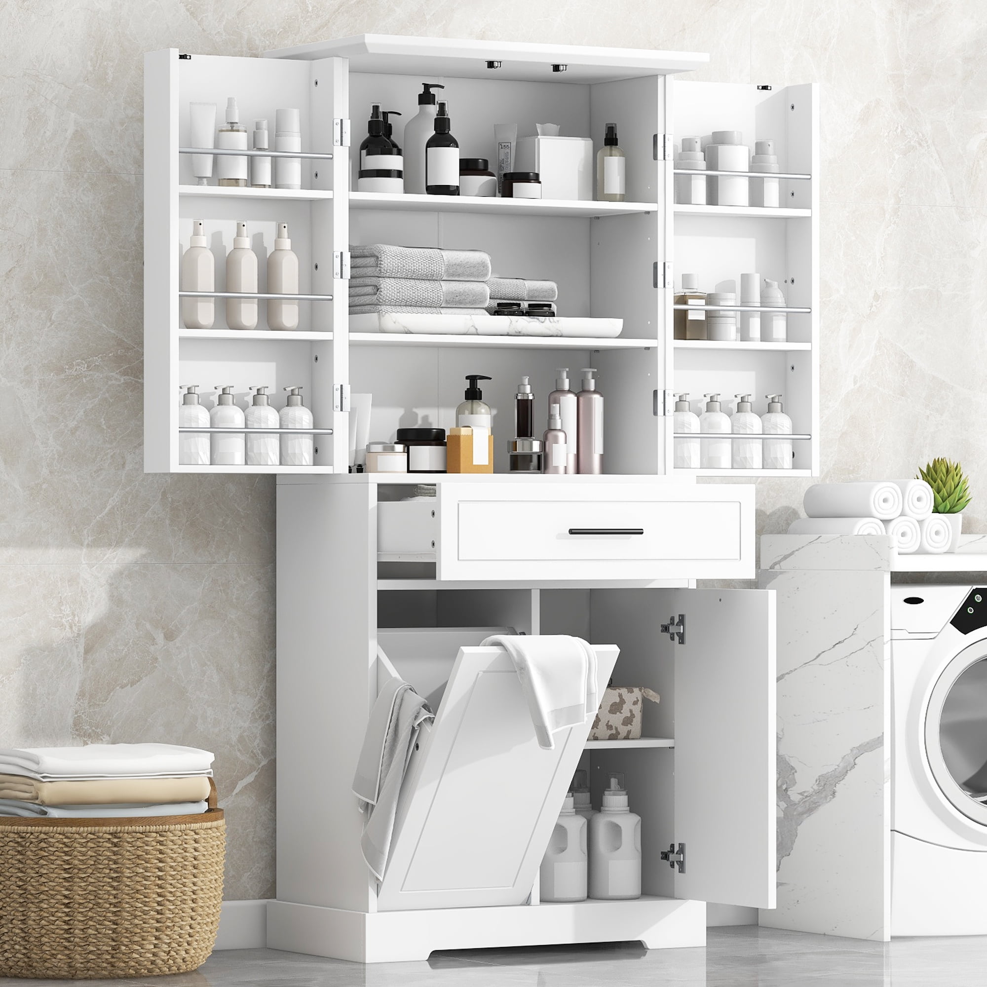 Euroco Freestanding Bathroom Storage Cabinet with Doors & Drawers, Tilt-Out Laundry Hamper, Adjustable Shelf, Multiple Storage Spaces, White