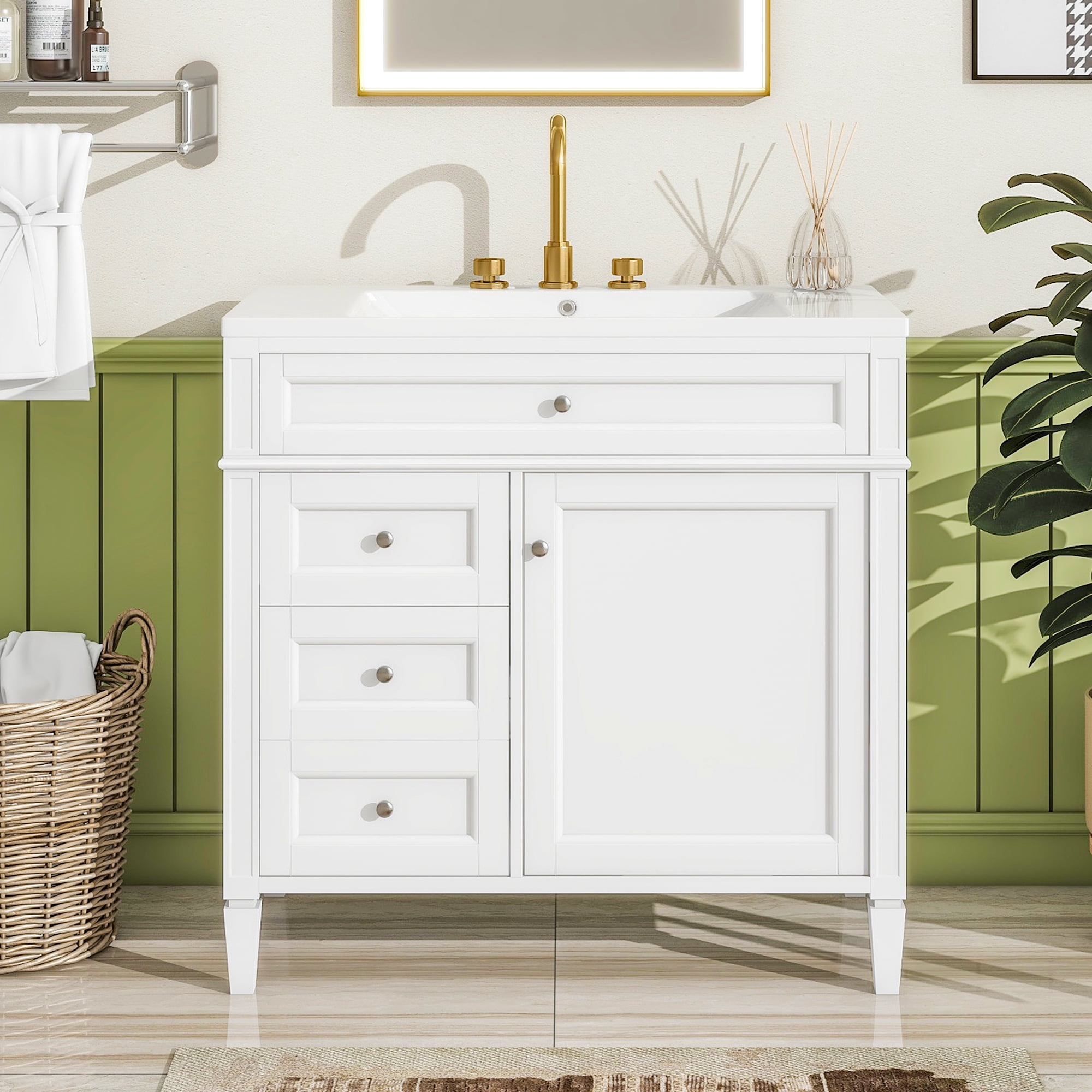 Euroco Freestanding Bathroom Vanity with Drawers and Cabinet Door Organizer, Modern Sink Cabinet, Easy Assembly