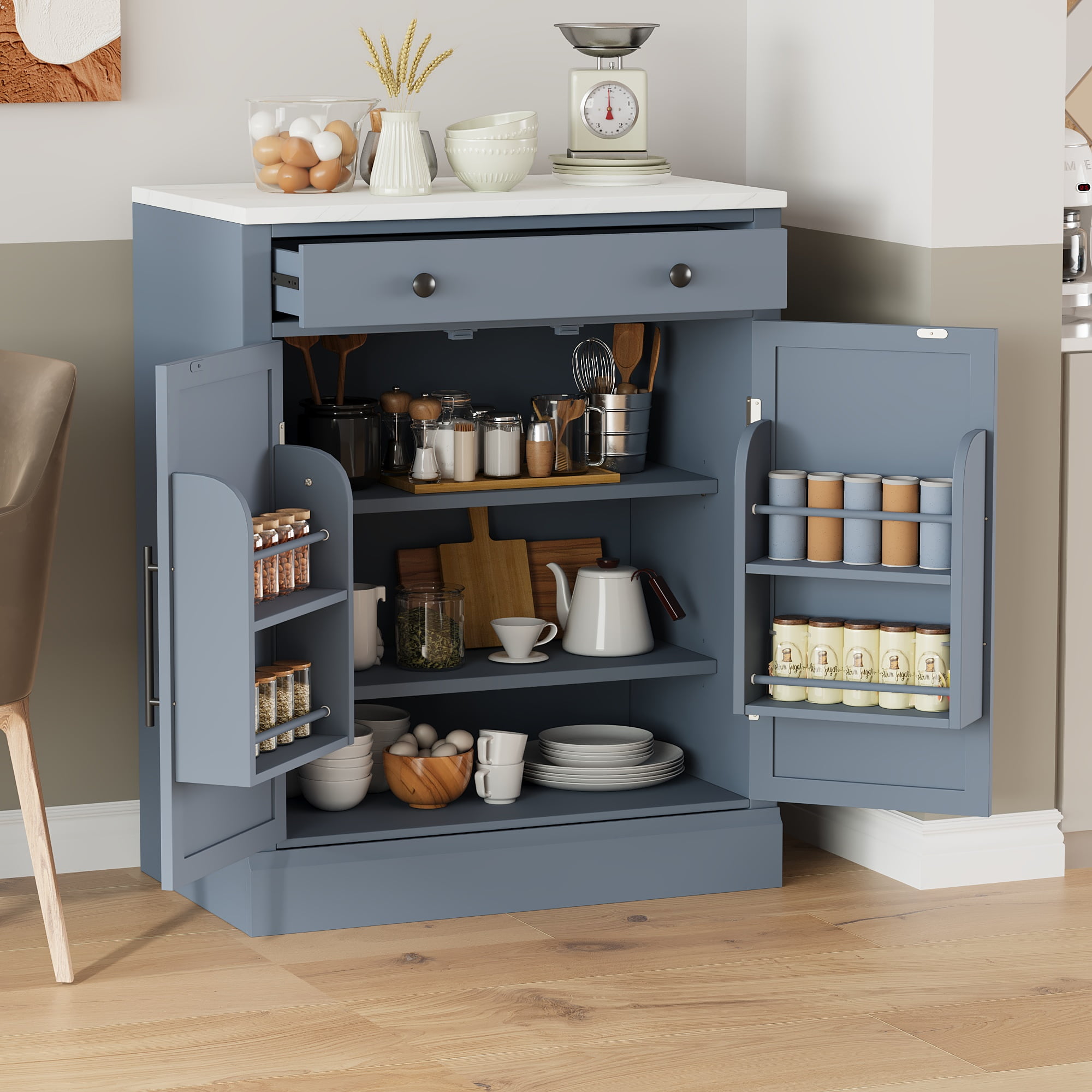 Euroco Freestanding Kitchen Cabinet with Marble Countertop, 2 Adjustable Shelves, 2 Door Shelves, and Pull-Out Drawer, 35.4" Height