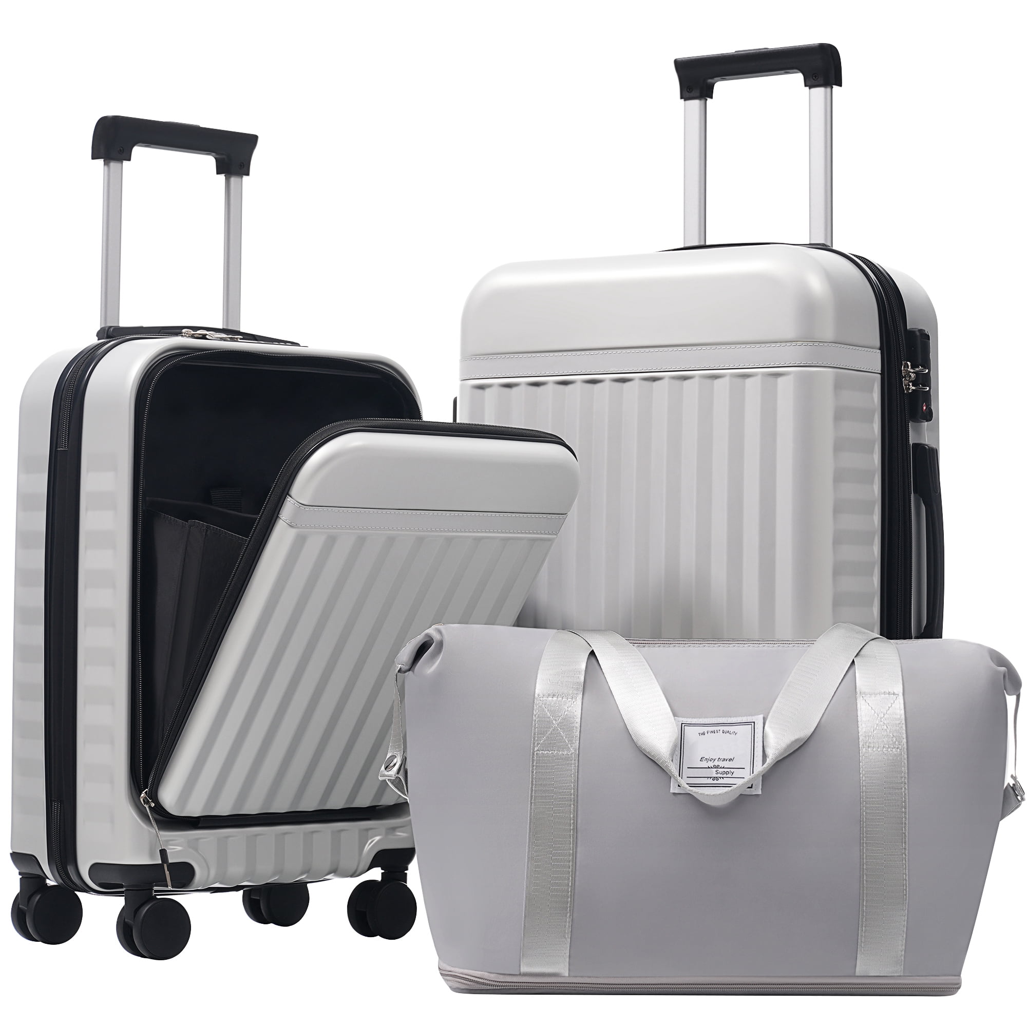 Euroco Front Opening Luggage Sets 3 Piece,Hardside Expandable Suitcase with Bags,Spinner Wheels and TSA Lock,Lightweight Carry on Luggage with USB Port,20"+24",Grey+White