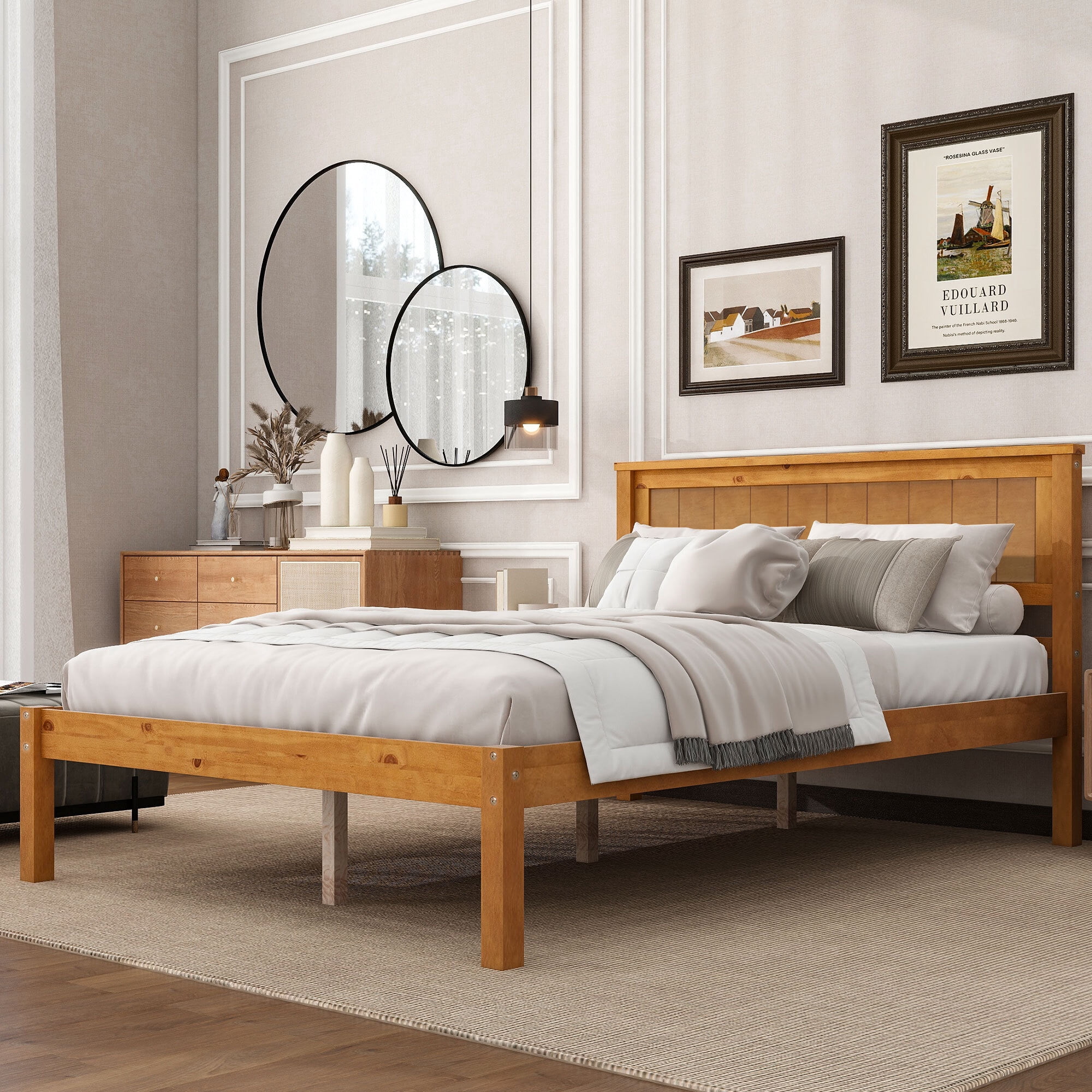 Euroco Full Platform Bed, Modern Wood Frame Bed with Headboard and Slats for Kids Room, No Box Spring Needed, Oak