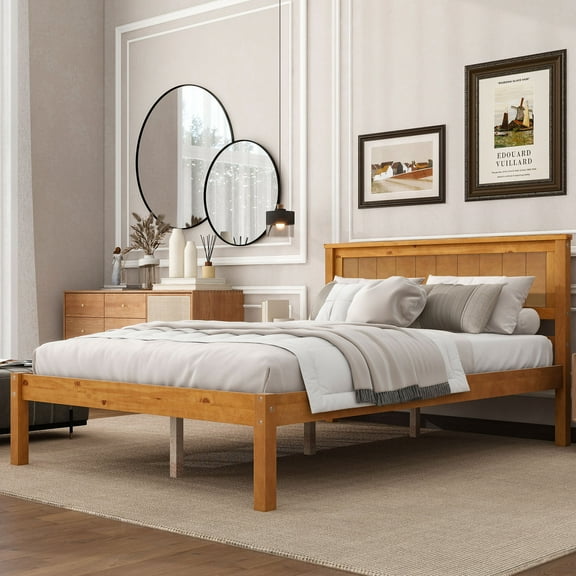 Euroco Full Platform Bed, Modern Wood Frame Bed with Headboard and Slats for Kids Room, No Box Spring Needed, Oak