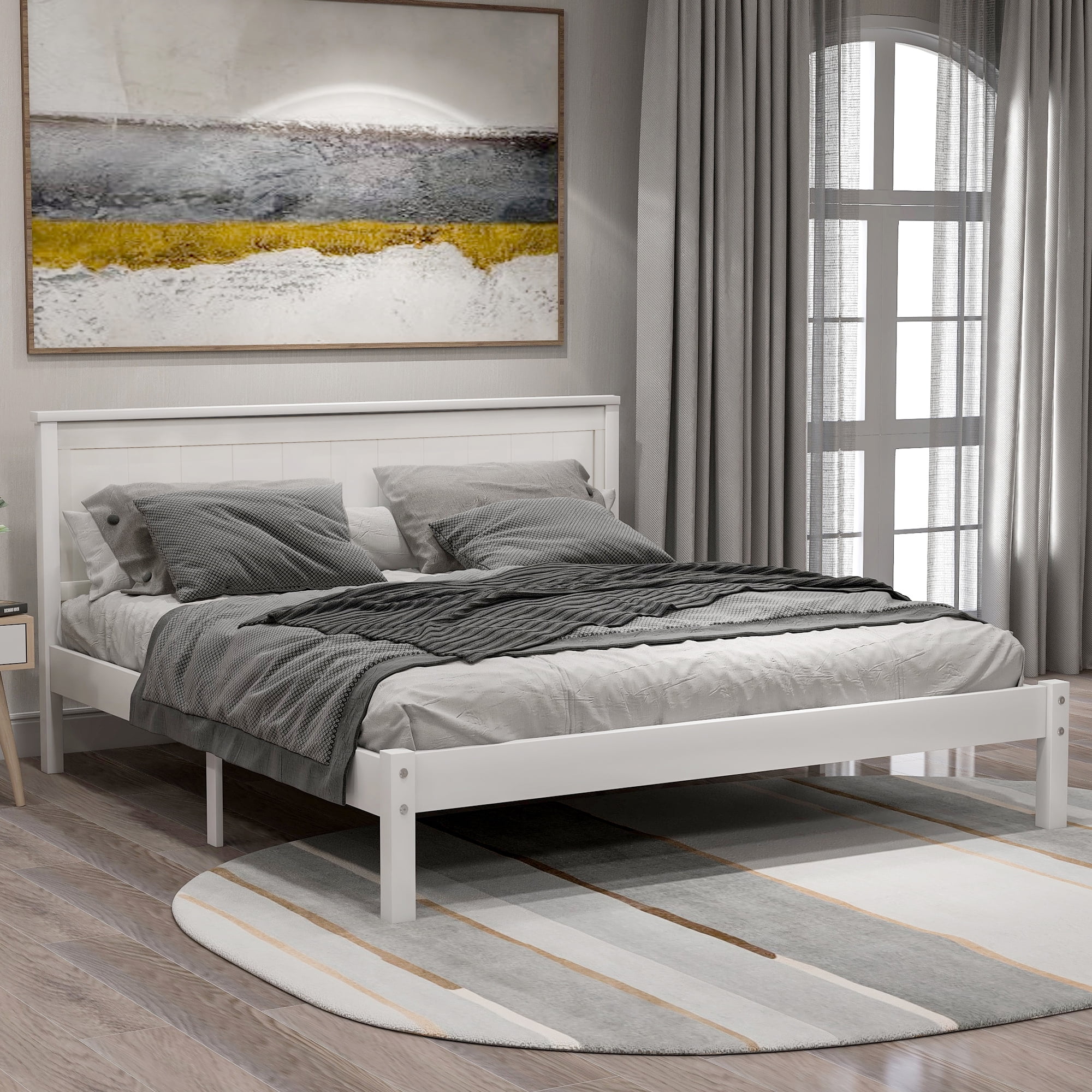 Euroco Full Platform Bed Wood Frame with Headboard and Footboard for Kids Teens, White