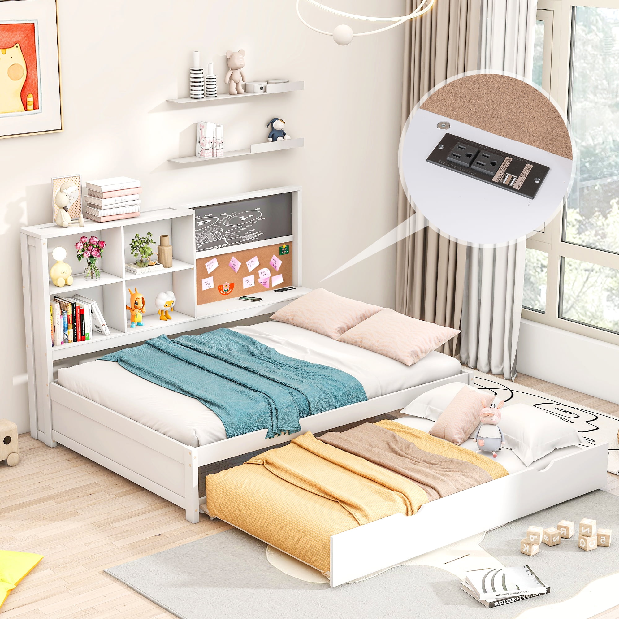 Euroco Full Size Daybed, Captain Bed with Blackboard,Cork Board,USB Charging for Kids Teens Bedroom,White