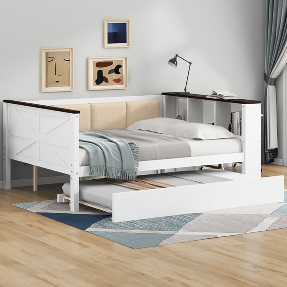 Euroco Full Size Daybed with Storage Desk Shelves and USB Ports, Wood Bed with Trundle and Upholstered Backrest, White
