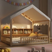 Euroco Full Size Floor Bed, House Bed with Canopy and Bookcase, Kids Bed with LED Light, Natural