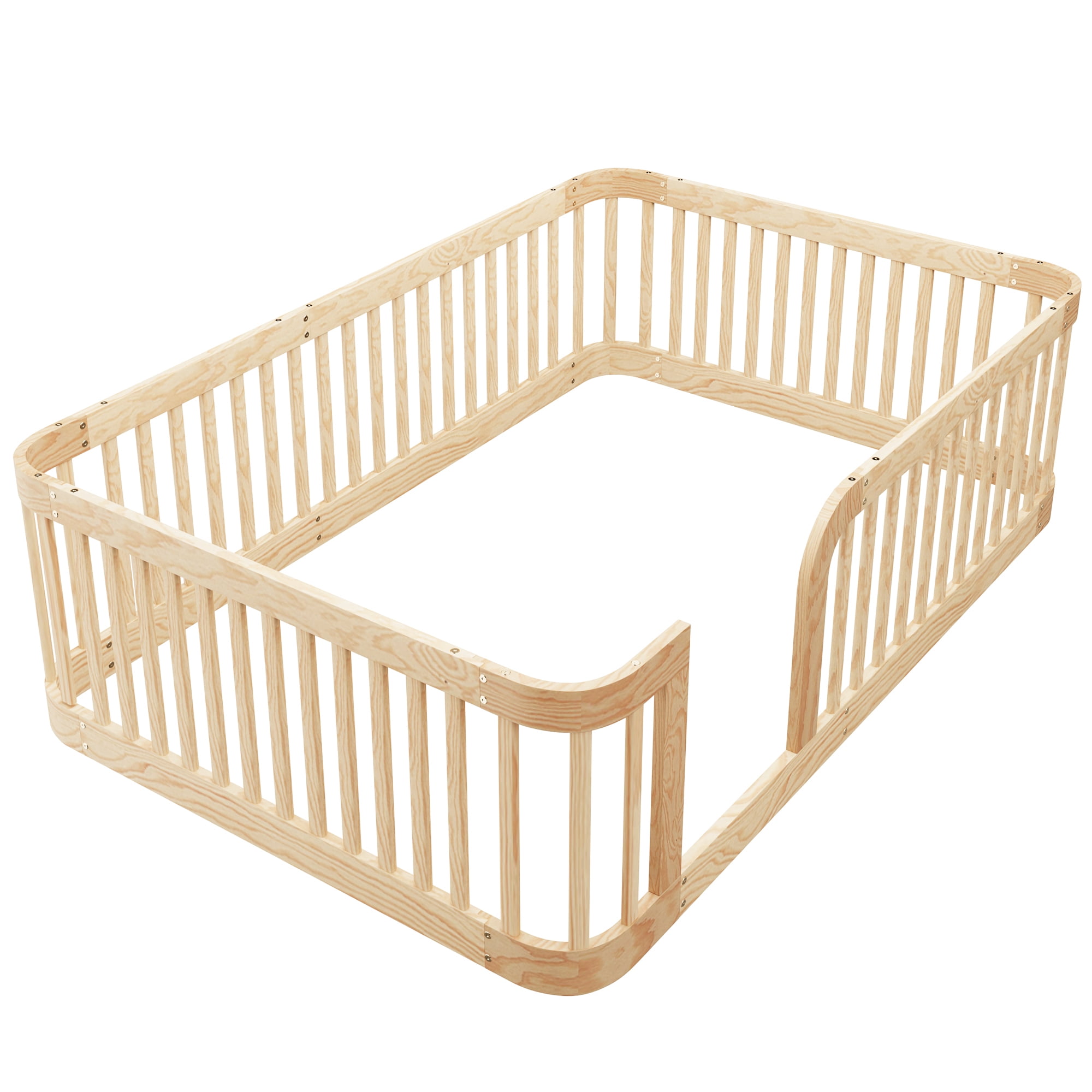 Euroco Full Size Floor Bed with Fence for Kids Teens and Toddlers, Natural