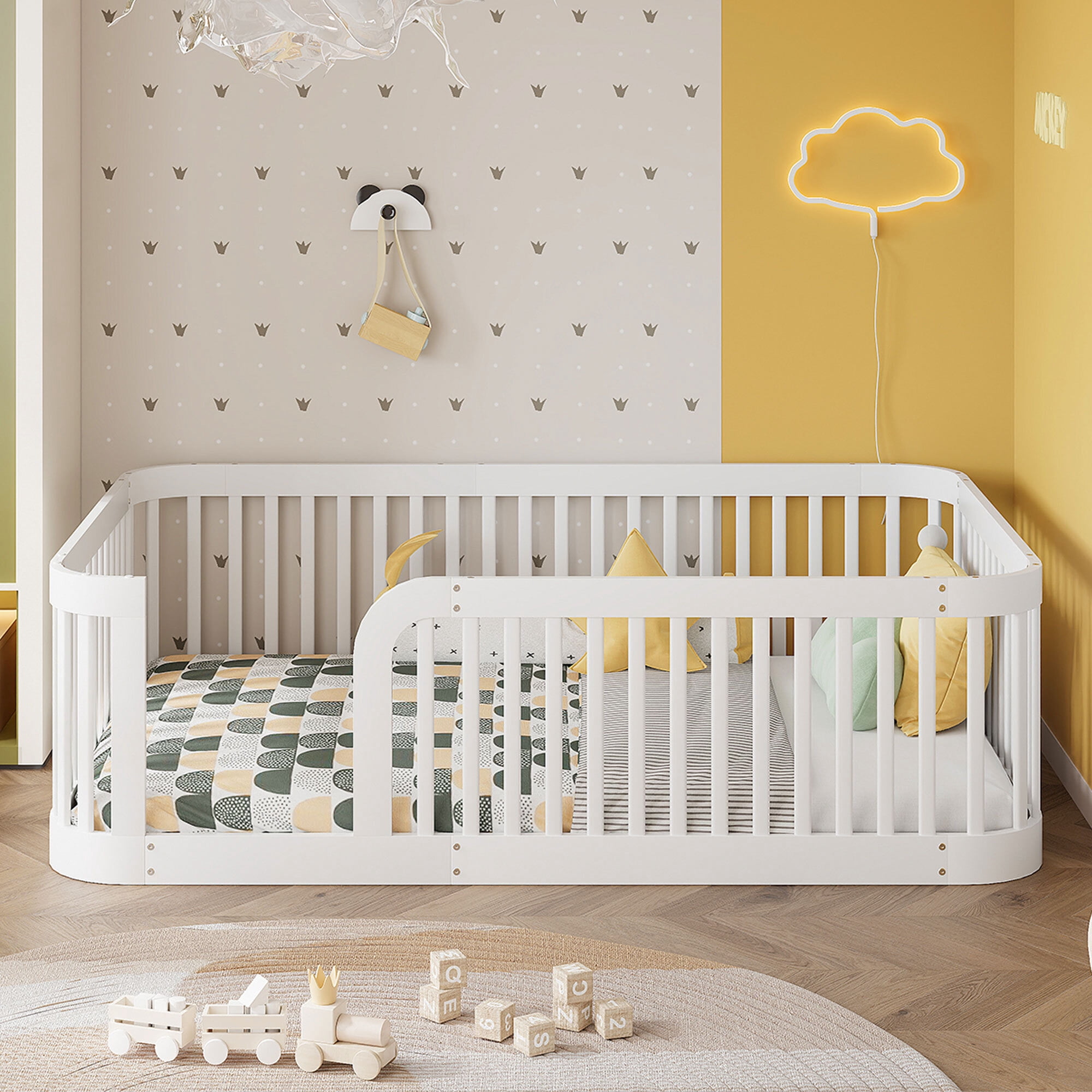 Euroco Full Size Floor Bed with Fence for Kids Teens and Toddlers, White