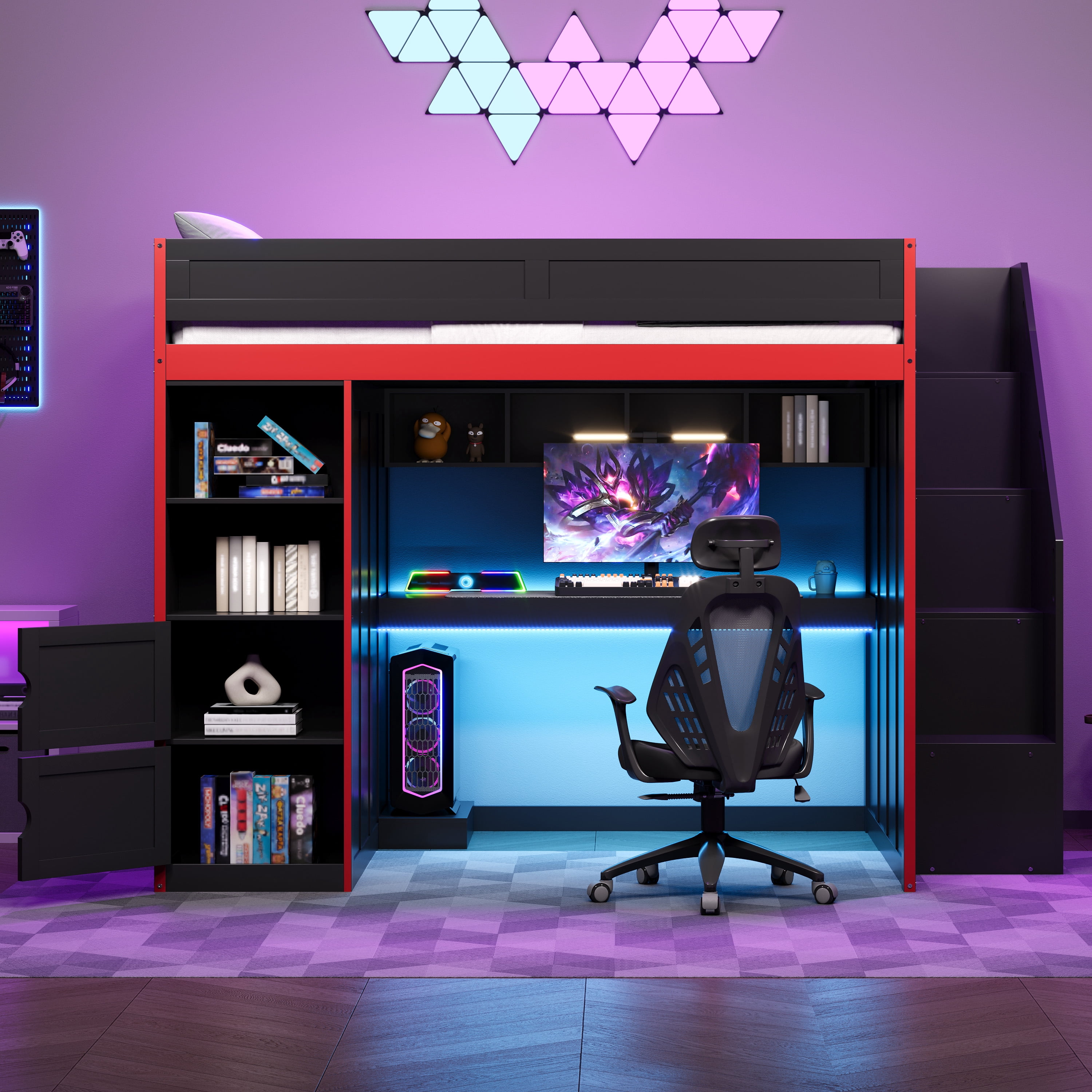 Euroco Full Size Gaming Loft Bed with LED Light and Desk, Storage ...