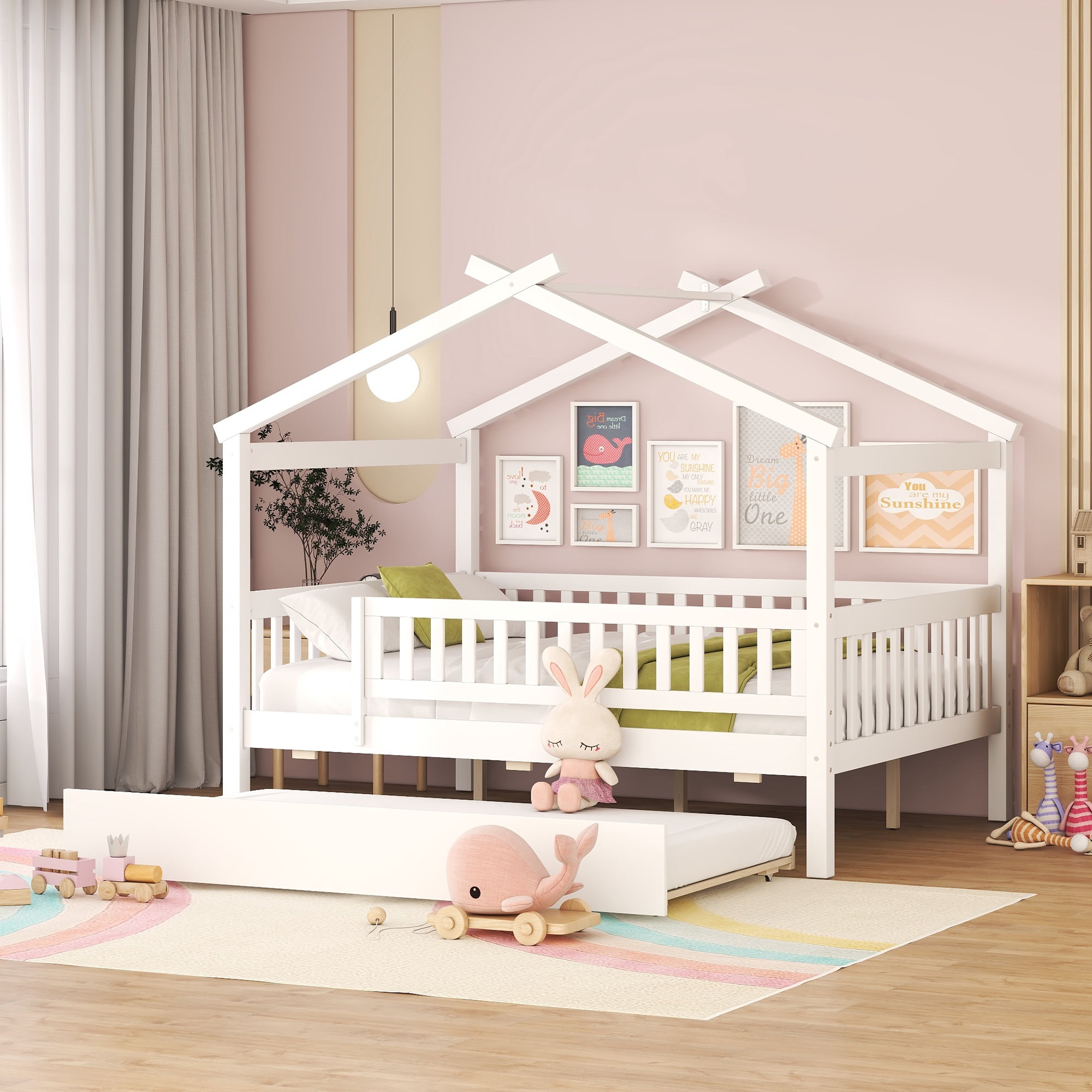 Euroco Full Size House Bed with Trundle, Canopy Low Profile Bed for Kids, White