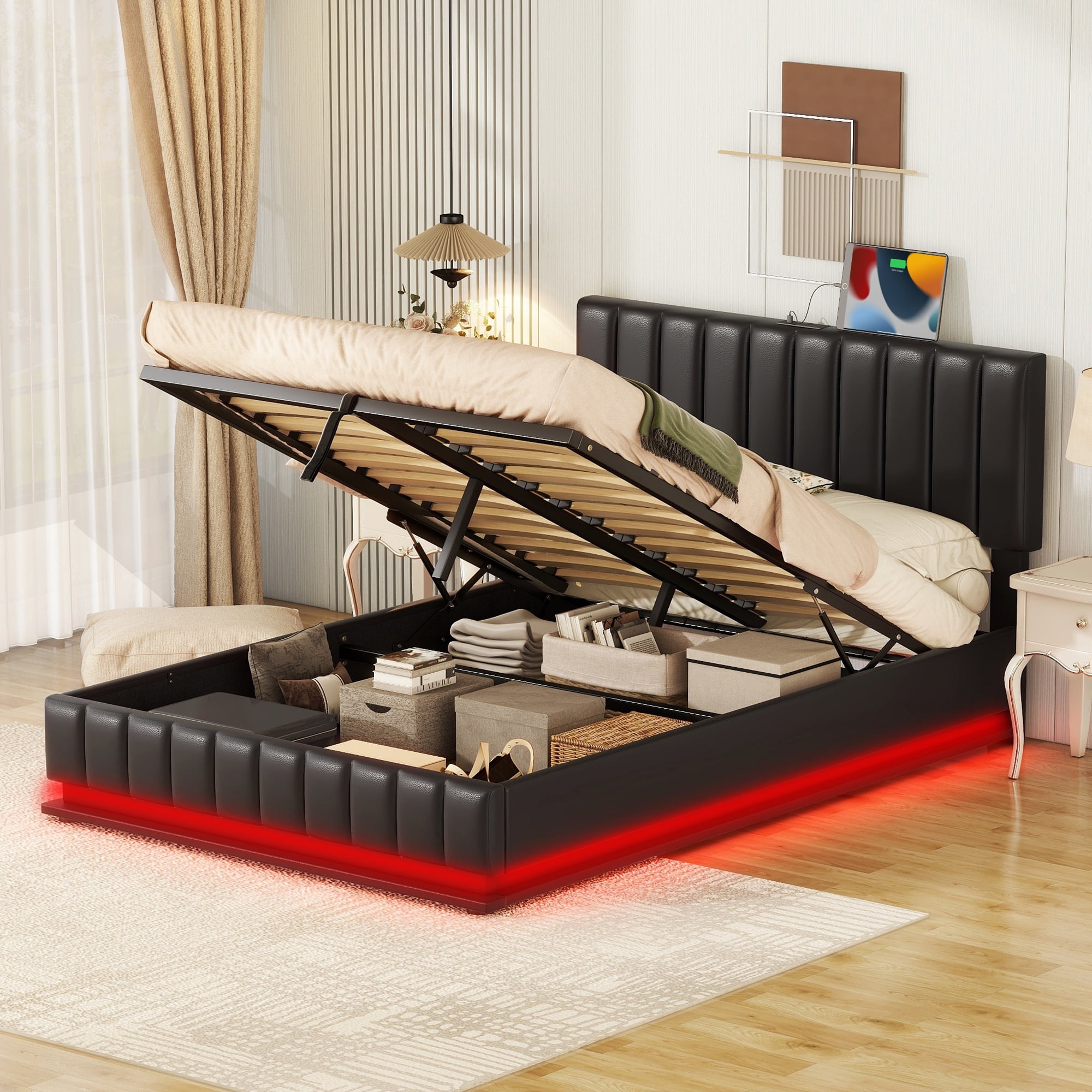 Euroco Full Size Lift up Storage Bed Frame, Modern Upholstered Platform Bed with Wingback Headboard, Hydraulic Underneath Storage with LED Light for Kids Teens, Black