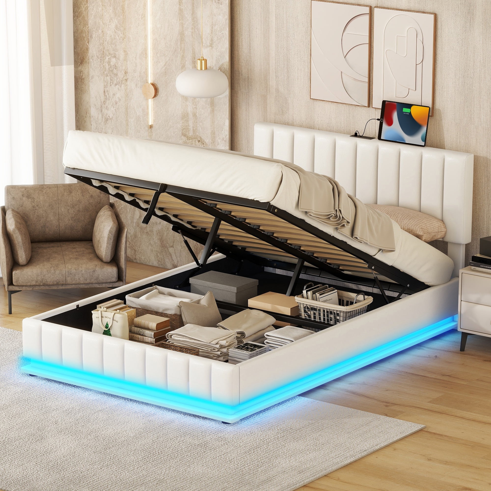 Euroco Full Size Lift up Storage Bed Frame, Modern Upholstered Platform Bed with Wingback Headboard, Hydraulic Underneath Storage with LED Light for Kids Teens, Beige