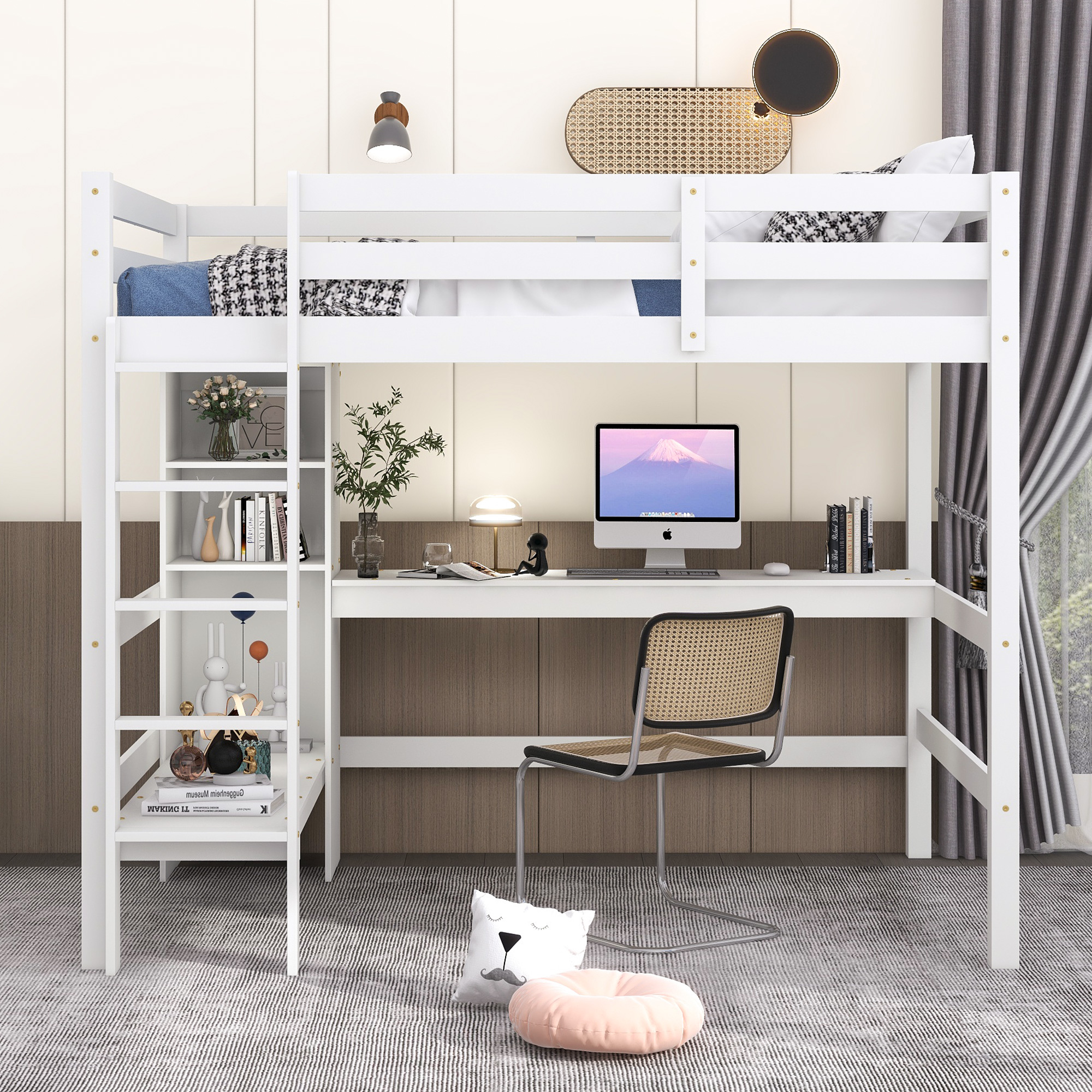 EUROCO Full Size Loft Bed with Storage Wardrobe and Shelf, Gray