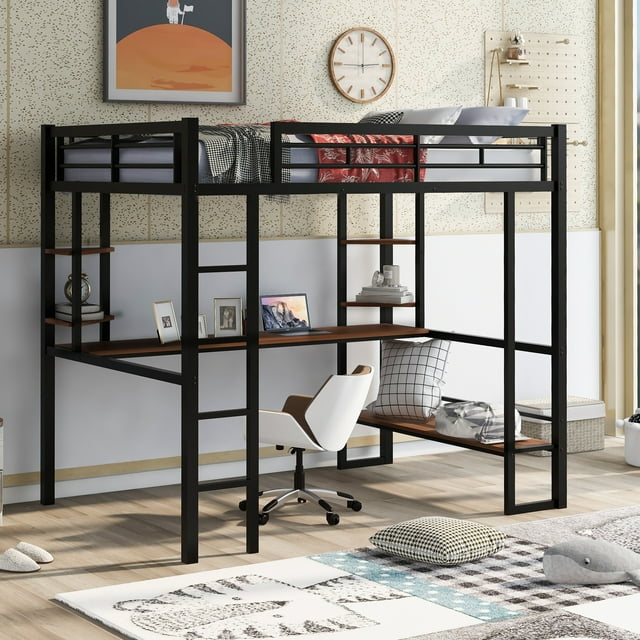 Euroco Full Size Loft Bed with Desk and Shelves, Space Saving Metal Bed ...