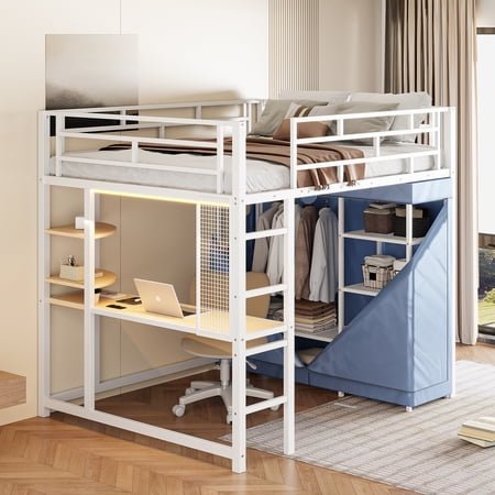 Euroco Full Size Loft Bed with Desk and Shelves, Metal Bed with Wardrobe, LED Light and USB Charging, White