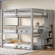 Euroco Full Size Triple Bunk Bed with Storage Staircase, 3 Beds in One, Gray