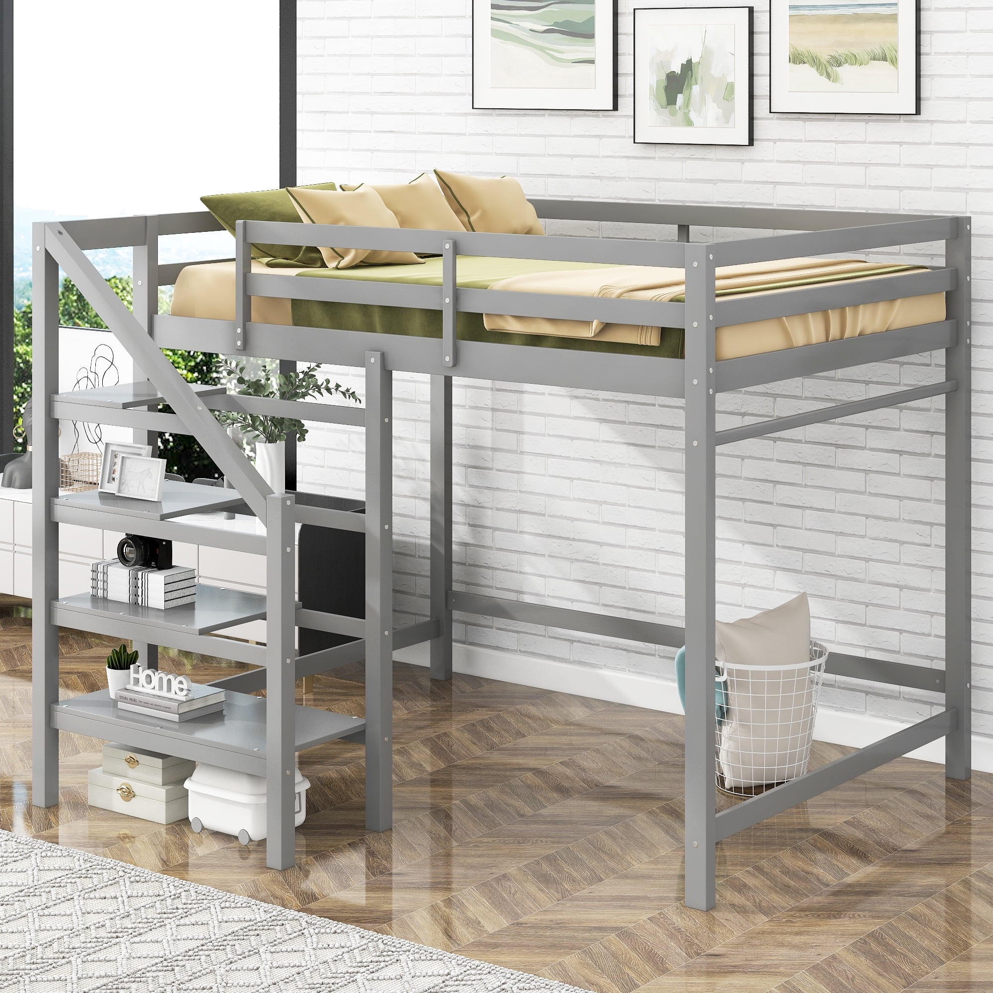 Euroco Full Size Loft Bed with Shelf and Hanger for Kids Teens Bedroom, Gray