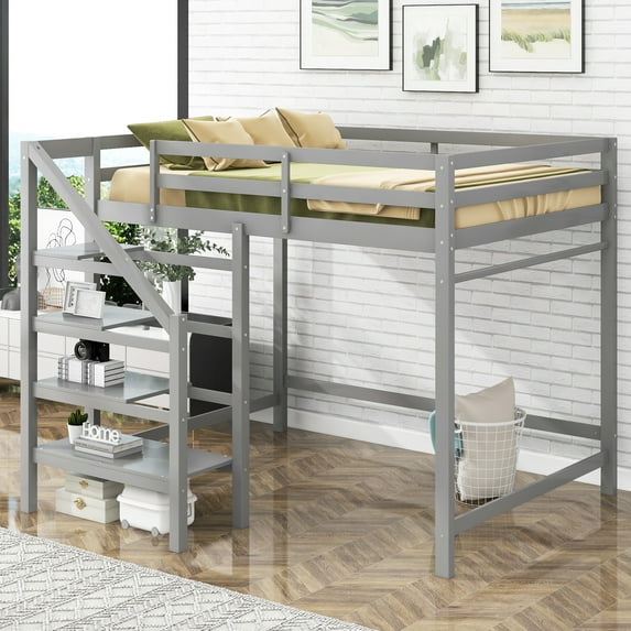 Euroco Full Size Loft Bed with Shelf and Hanger for Kids Teens Bedroom, Gray