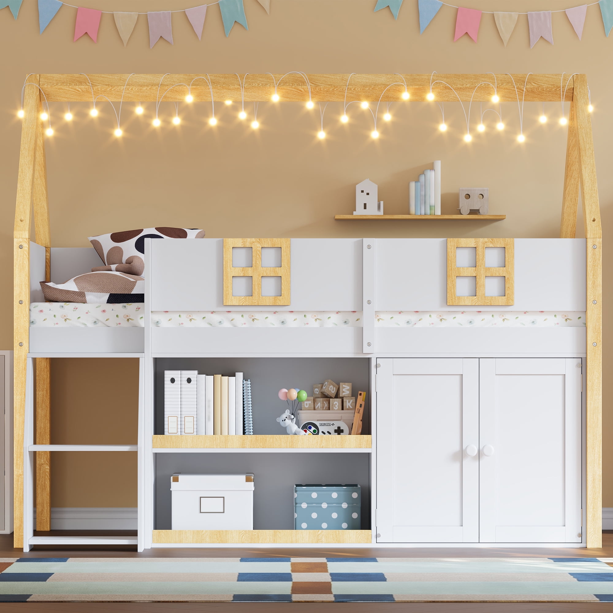 Euroco Full Size Loft Bed with Shelf and Wardrobe, House Bed with LED Light and Cabinets, White
