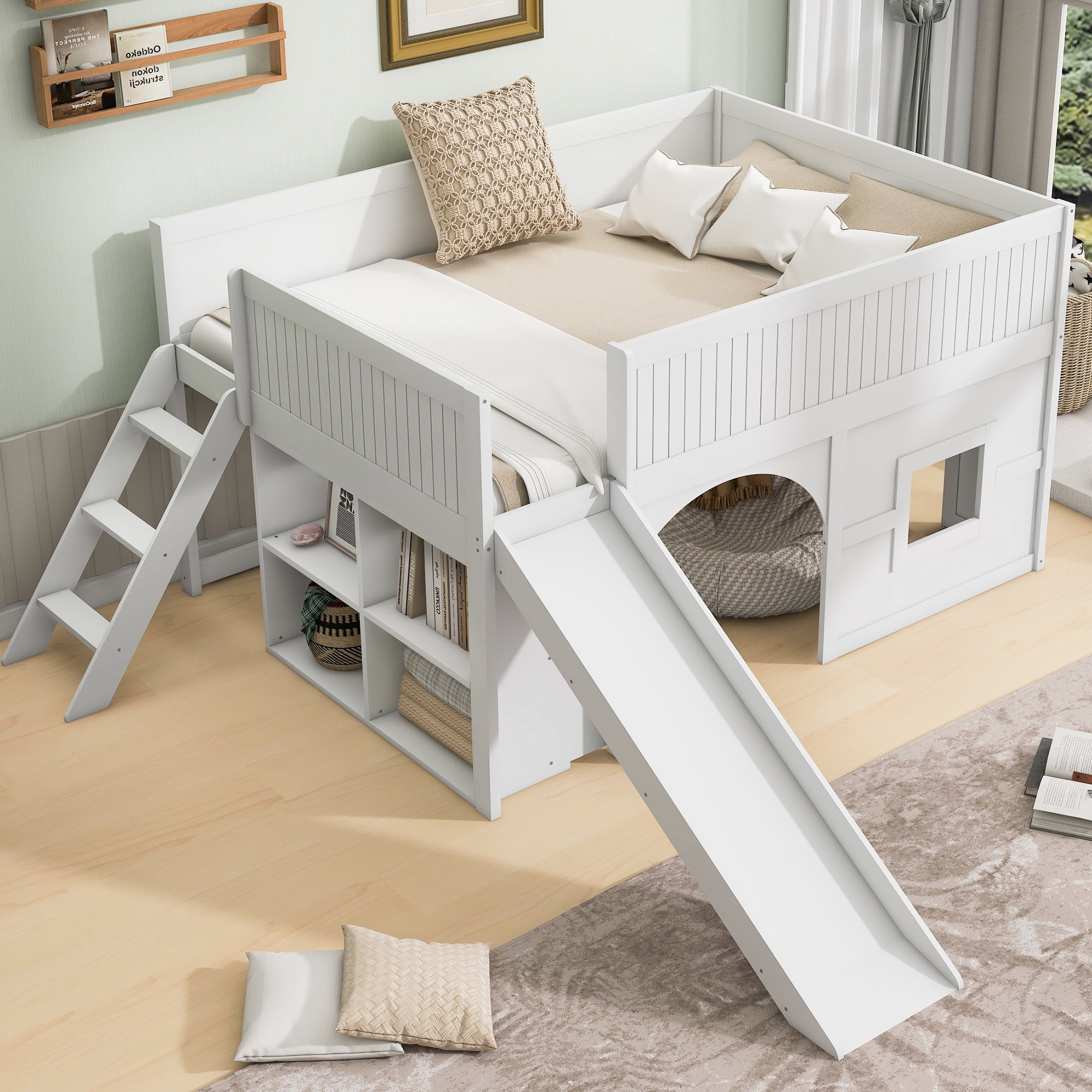 Euroco Full Size Loft Bed with Shelves and Ladder, Low Profile Wood Bed with Door and Window Design, White