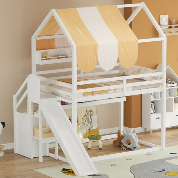 Euroco Full Size Loft Bed with Slide, House Bed with Canopy and Bookshelves, White