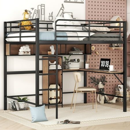 Euroco Full Size Loft Bed with Desk and Shelf, Space Saving Metal Bed with Cabinet, Black