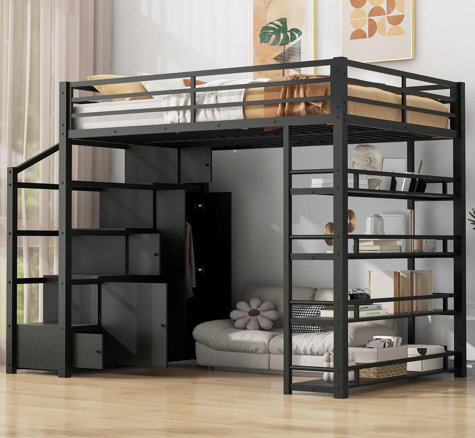 Euroco Full Size Metal Loft Bed with Storage Shelves and Cabinets, Open Wardrobe and Staircase, Black
