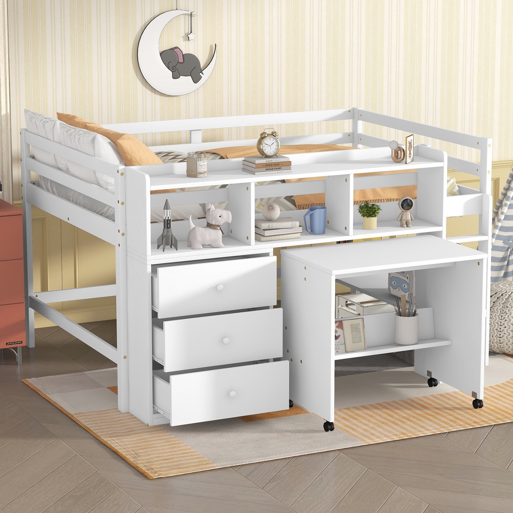 Euroco Full Size Pine Wood Loft Bed with Desk, Drawers and a Shelf for ...