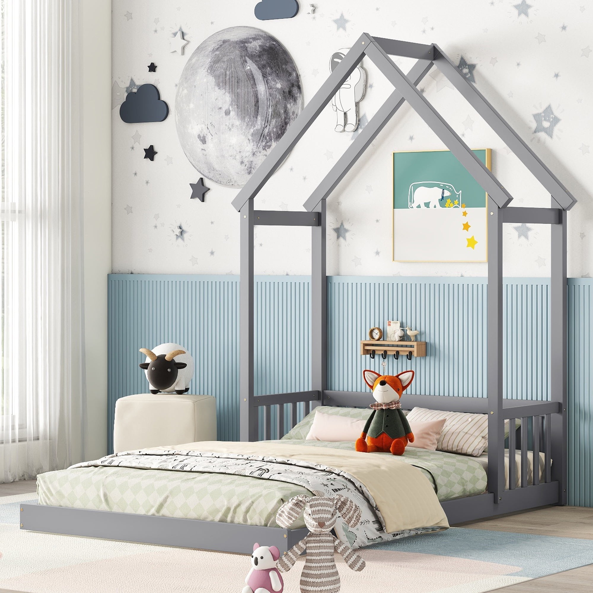 Euroco Full Size Pine Wood Platform Bed, House Floor Bed for Kids, Gray