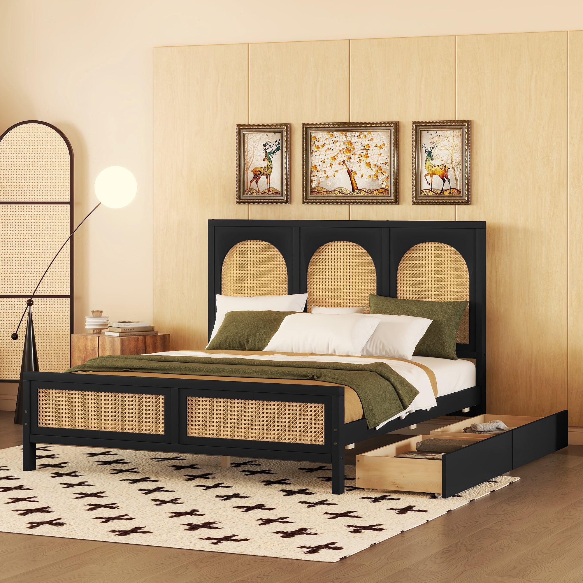 Euroco Full Size Platform Bed with 2 Drawers, Rattan and Wood Frame for Kids Teens, Black