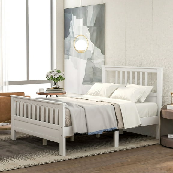 Euroco Full Size Platform Bed with Headboard, Solid Wood Bed with Slat for Kids, White