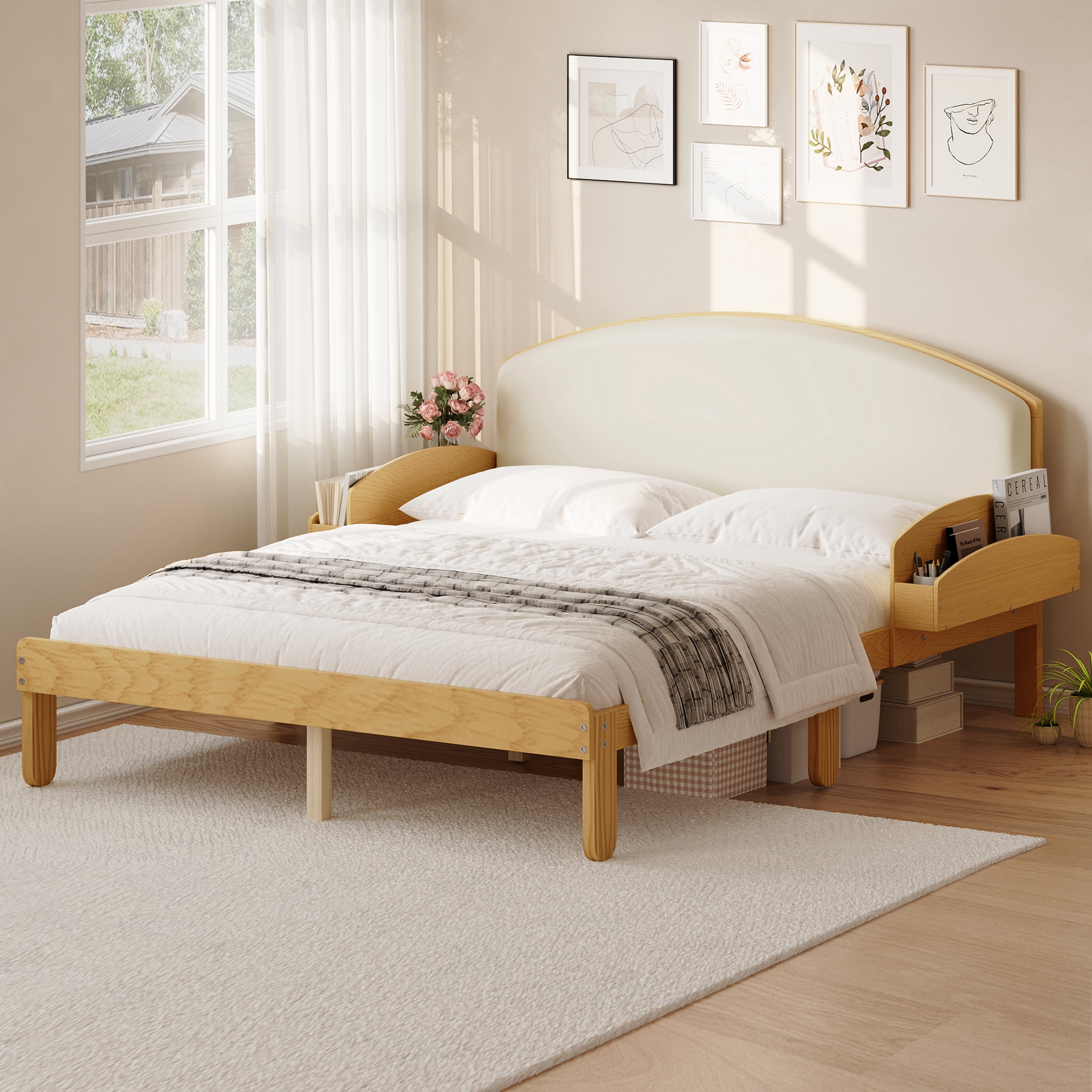 Euroco Full Size Platform Bed with Upholstery Headboard, Wood Bed Frame with Storage Shelves, No Box Spring Needed, Natural