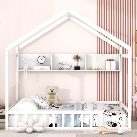 Euroco Full Size House Bed with Storage Shelves for Kids, White