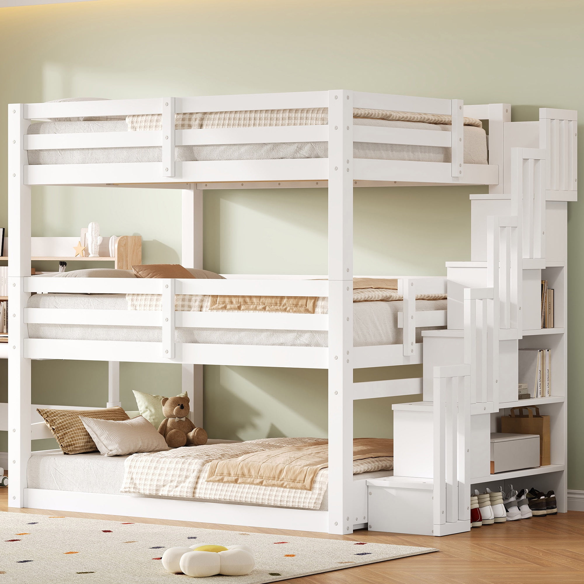 Euroco Full Size Triple Bunk Bed with Storage Staircase, White