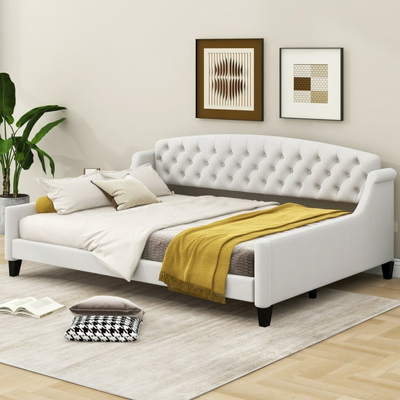 Euroco Full Size Tufted Daybed, Sofa Bed for Kids Teens Adults, Beige