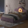 thumbnail image 1 of Euroco Full Size Upholstered Platform Bed with LED Light Headboard for Kids Teens, Pink, 1 of 11