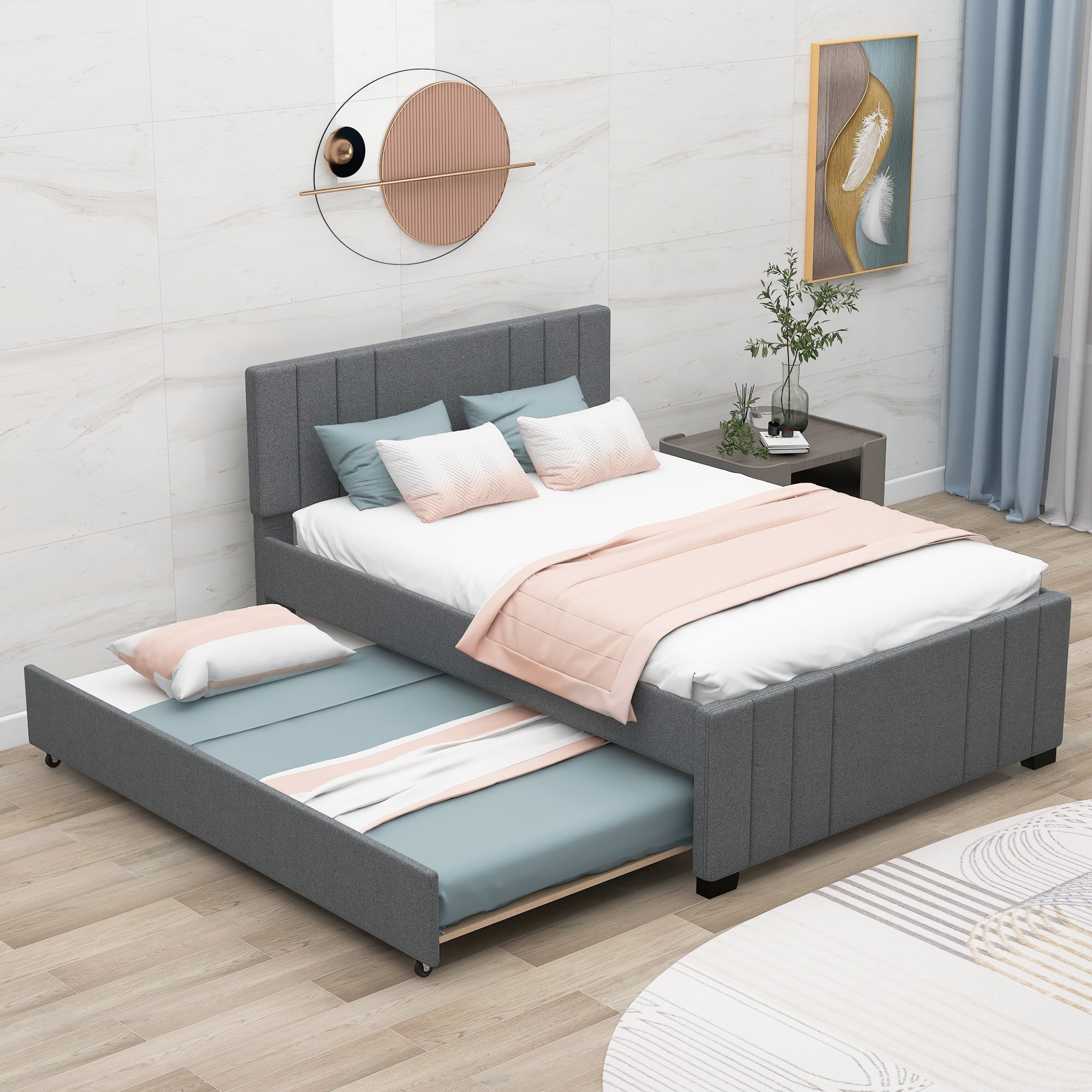 Euroco Full Size Upholstered Platform Bed with Trundle for Kids