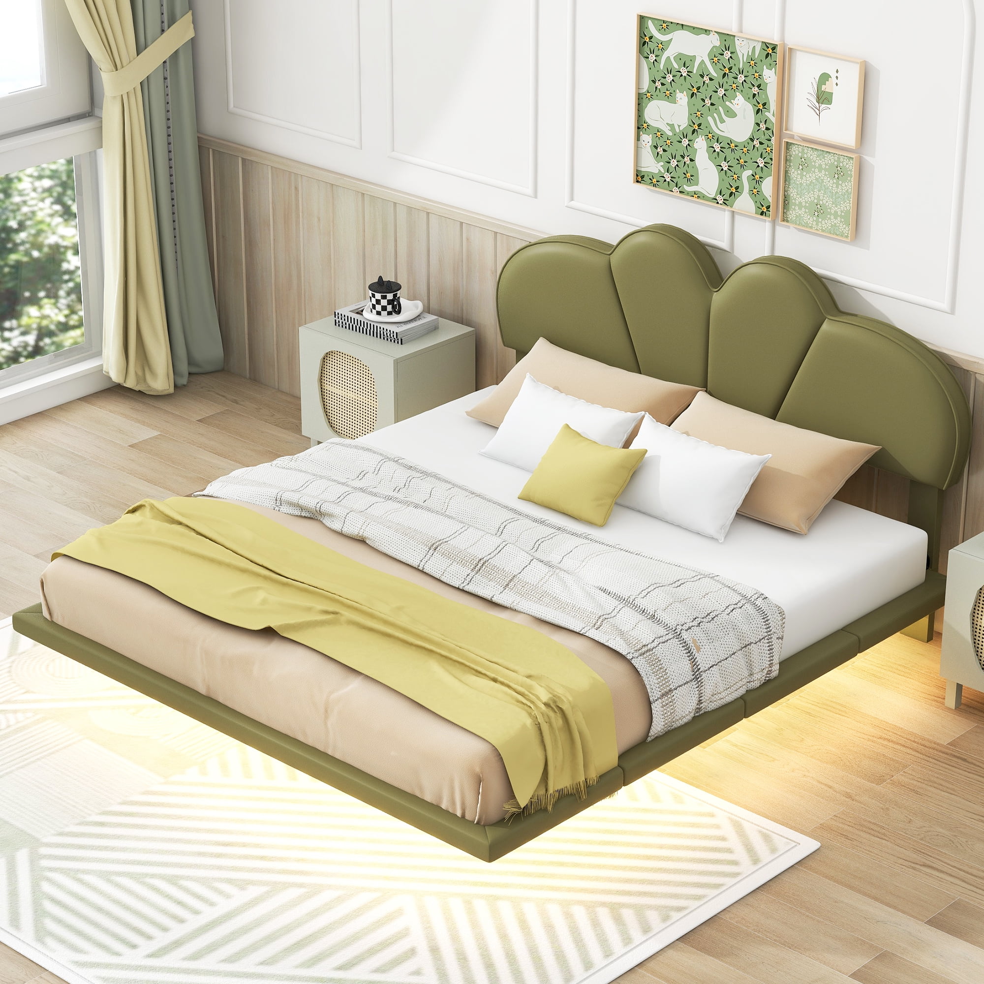 Euroco Full Size Upholstery Floating Bed with LED Lights, PU Leather Headboard Platform Bed for Kids Teens Adults, Green