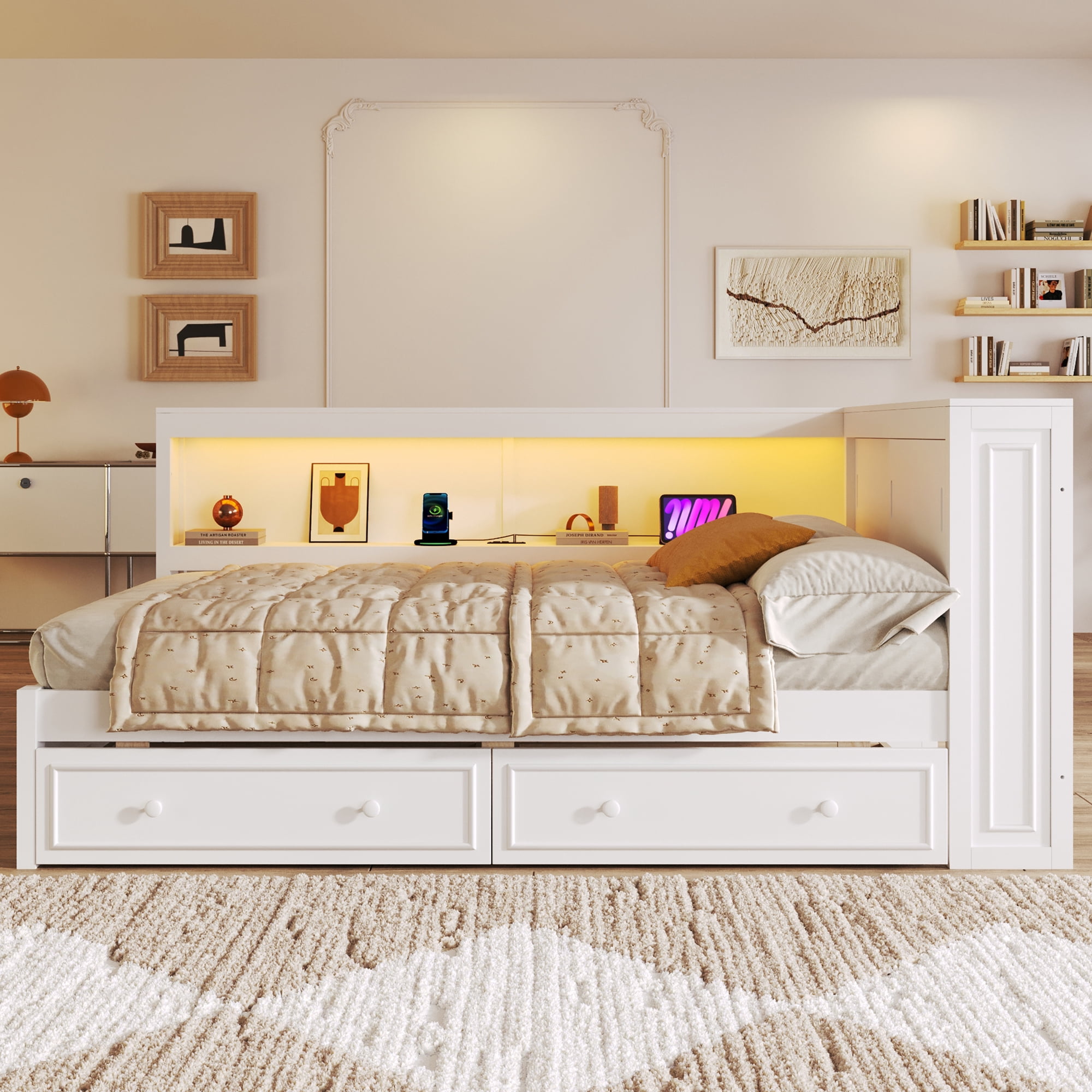 Euroco Full Size Wood Daybed with Storage Shelves and Drawers, Platform Bed with LED Light and USB Ports, White