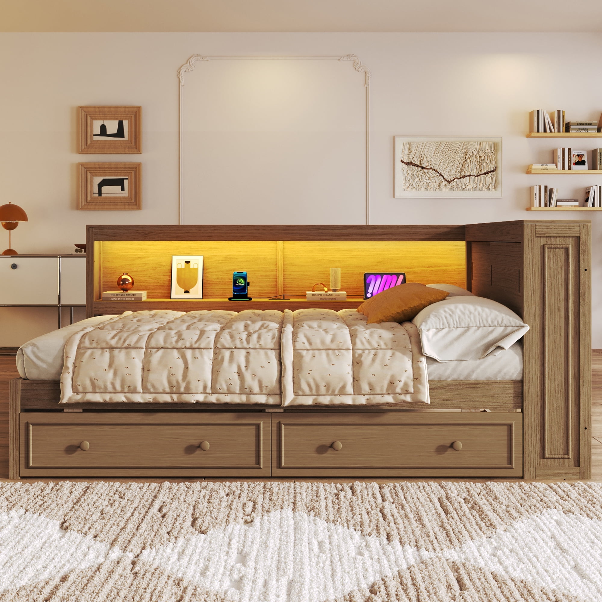 Euroco Full Size Wood Daybed with Storage Shelves and Drawers, Platform Bed with LED Light and USB Ports, Wood