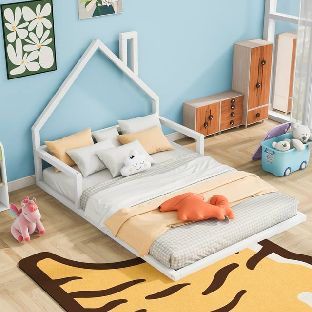 Euroco Full Size Wood Floor Bed for Kids Room, White