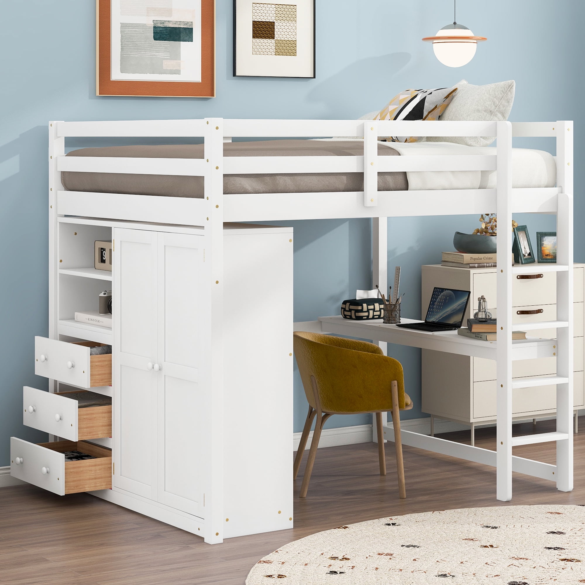 Euroco Full Size Loft Bed with Desk, 3 Drawers, Wardrobe, Shelves 