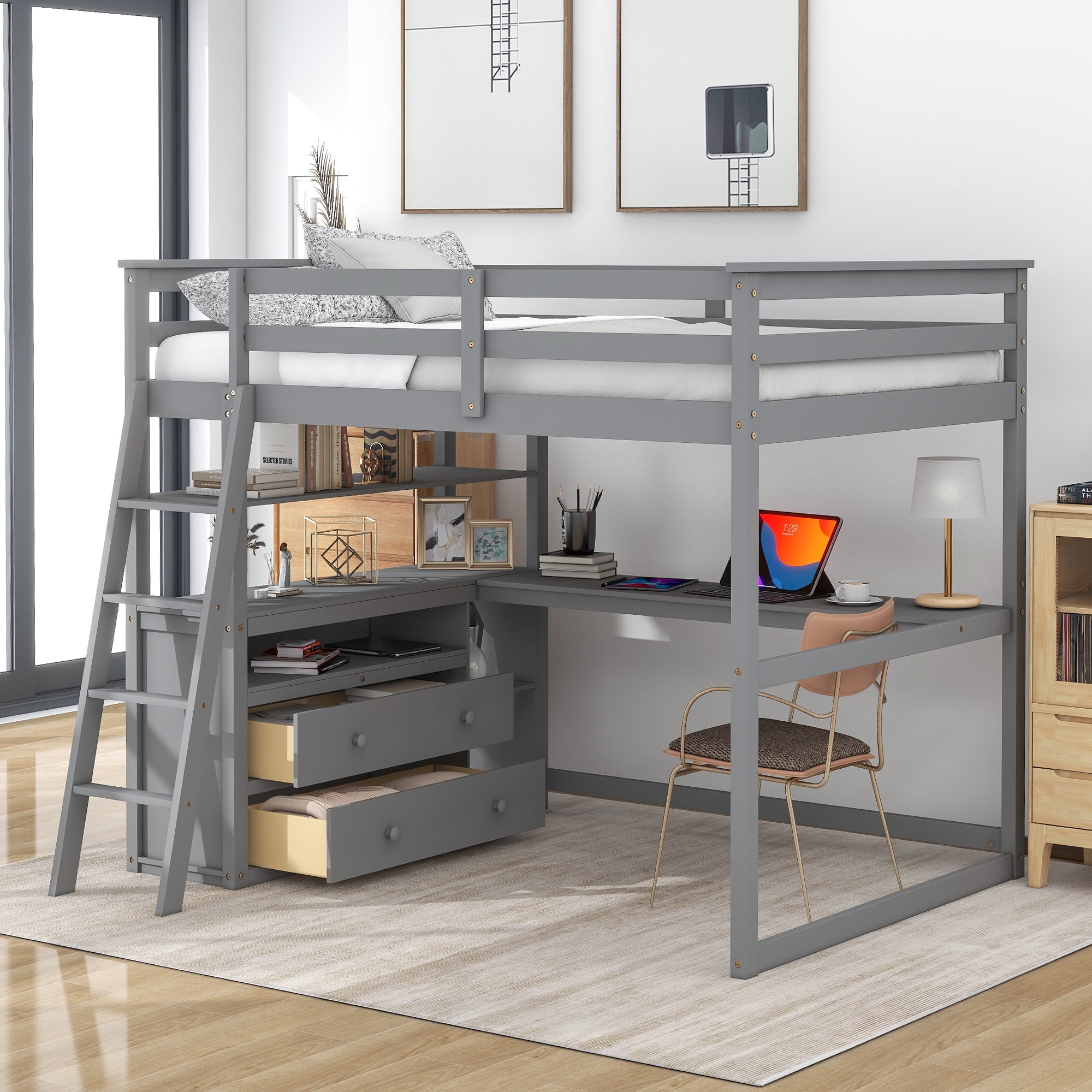Euroco Full Size Wood Loft Bed with Desk, Shelves and Cabinets for Kids ...