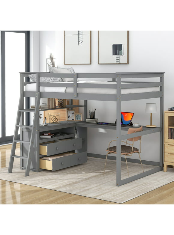 Euroco Full Size Wood Loft Bed with Desk, Shelves and Cabinets for Kids Room, Incline Ladder and 3 Drawers, Gray